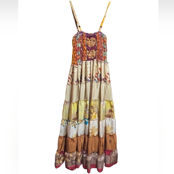 Kathmandu Imports Dresses & Skirts - Silk Smocked Patchwork Colorful Tiered Maxi Dress Kathmandu Imports Boho XS/S